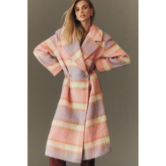 Anthropologie Jackets & Blazers - Anthropologie Maeve Wool Blend Plaid Long Coat Jacket Pink Romantic Sz L New